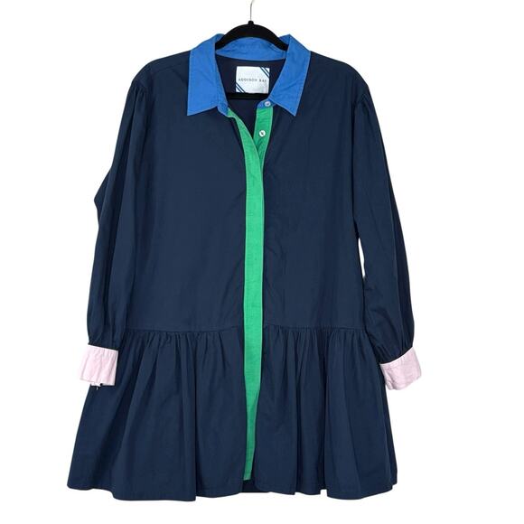 Addison Bay Poplin Dress Women's Size S Blue Button Front Drop Waist Peplum - Picture 2 of 6